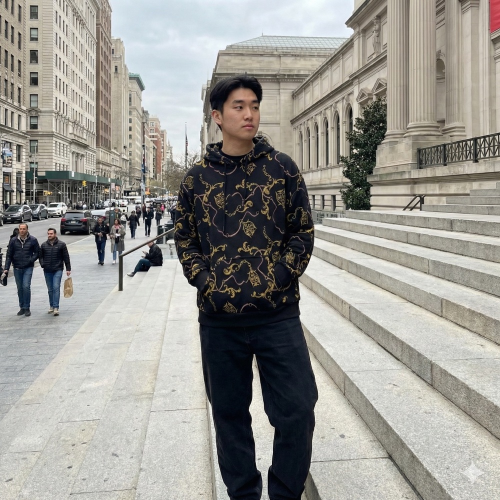 Black Hoodie with all over golden Print